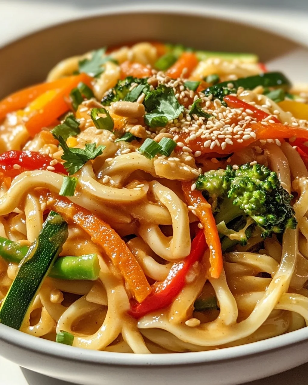 Asiatische Udon Nudeln mit Erdnusssauce und frischem Gemüse