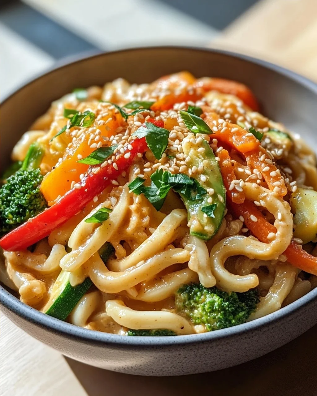 Asiatische Udon Nudeln mit Erdnusssauce und frischem Gemüse