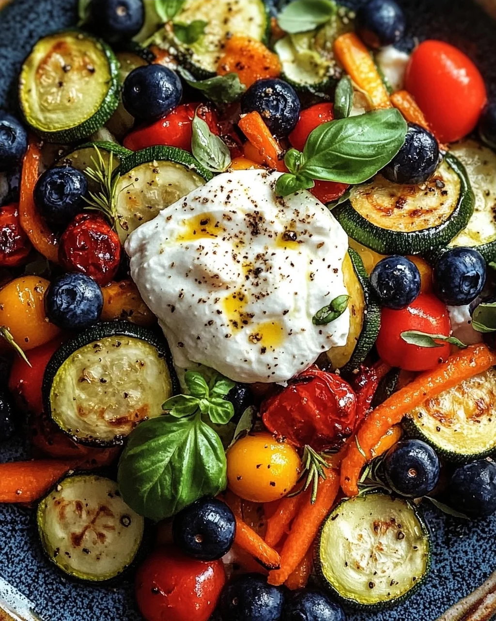 Burrata-Salat mit Ofengemüse und Blaubeeren