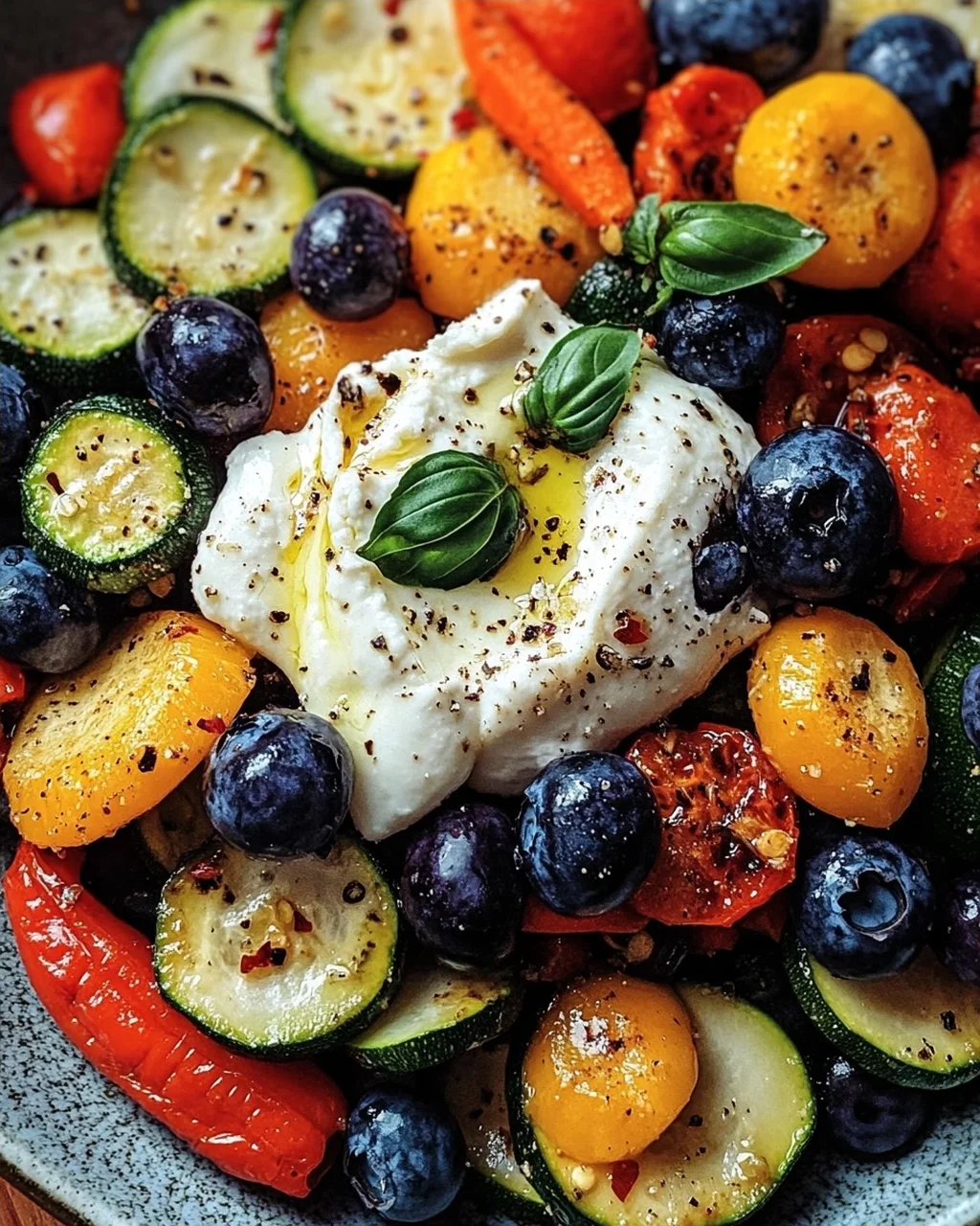 Burrata-Salat mit Ofengemüse und Blaubeeren