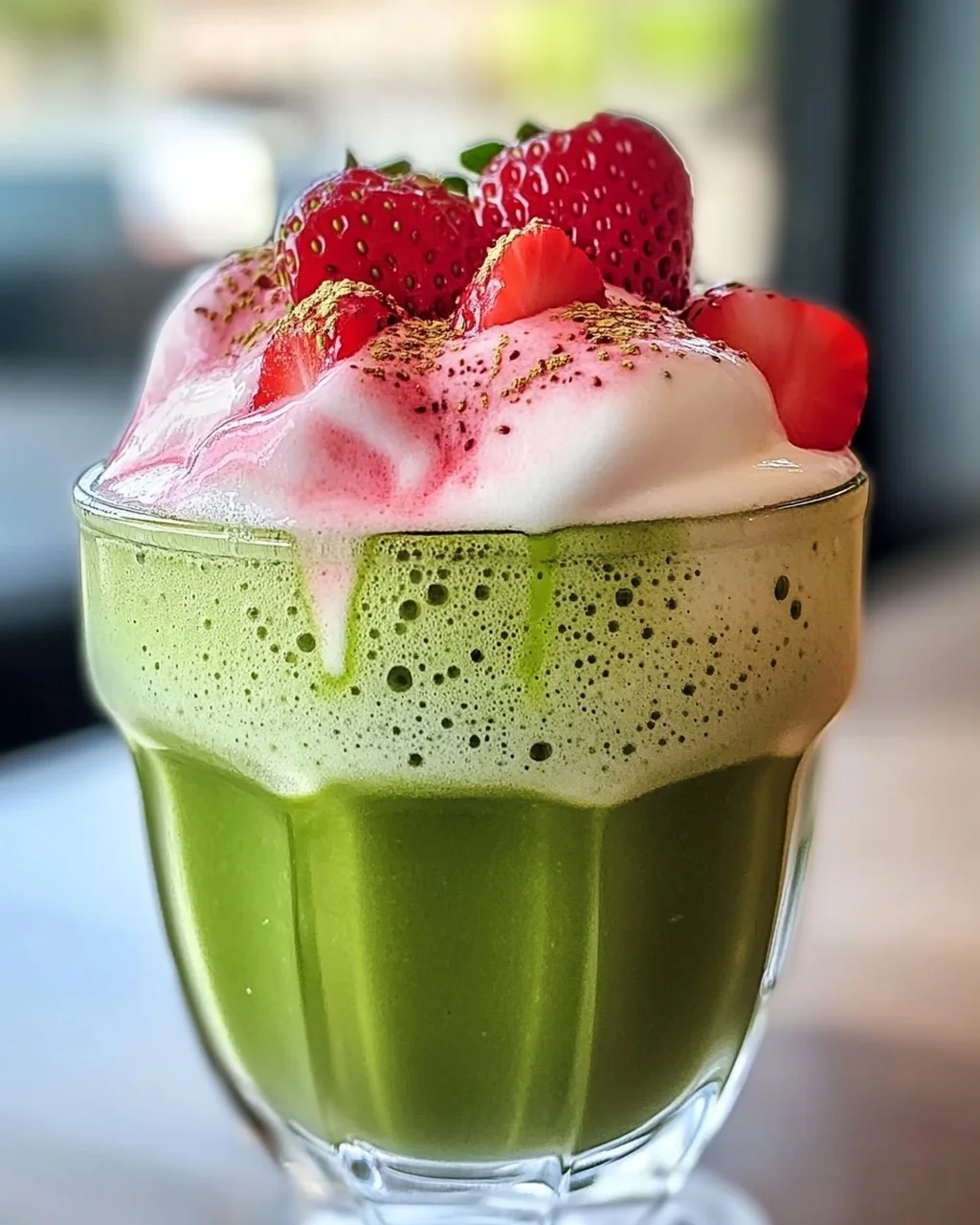 Eis-Matcha-Latte mit Erdbeer-Kalte-Schaum genießen