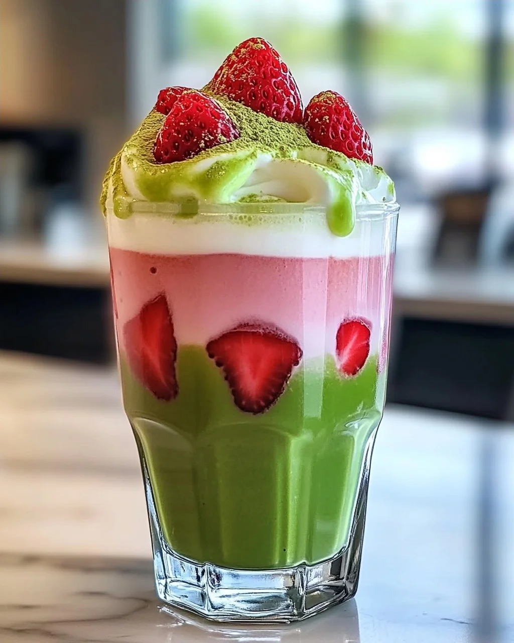 Eis-Matcha-Latte mit Erdbeer-Kalte-Schaum genießen