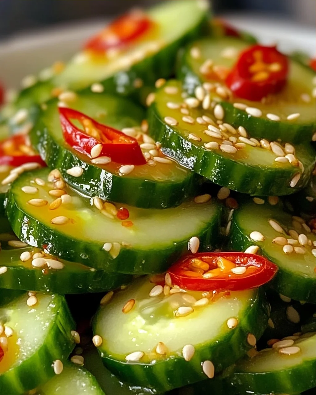 Erfrischender Asiatischer Gurkensalat mit Chili und Sesam