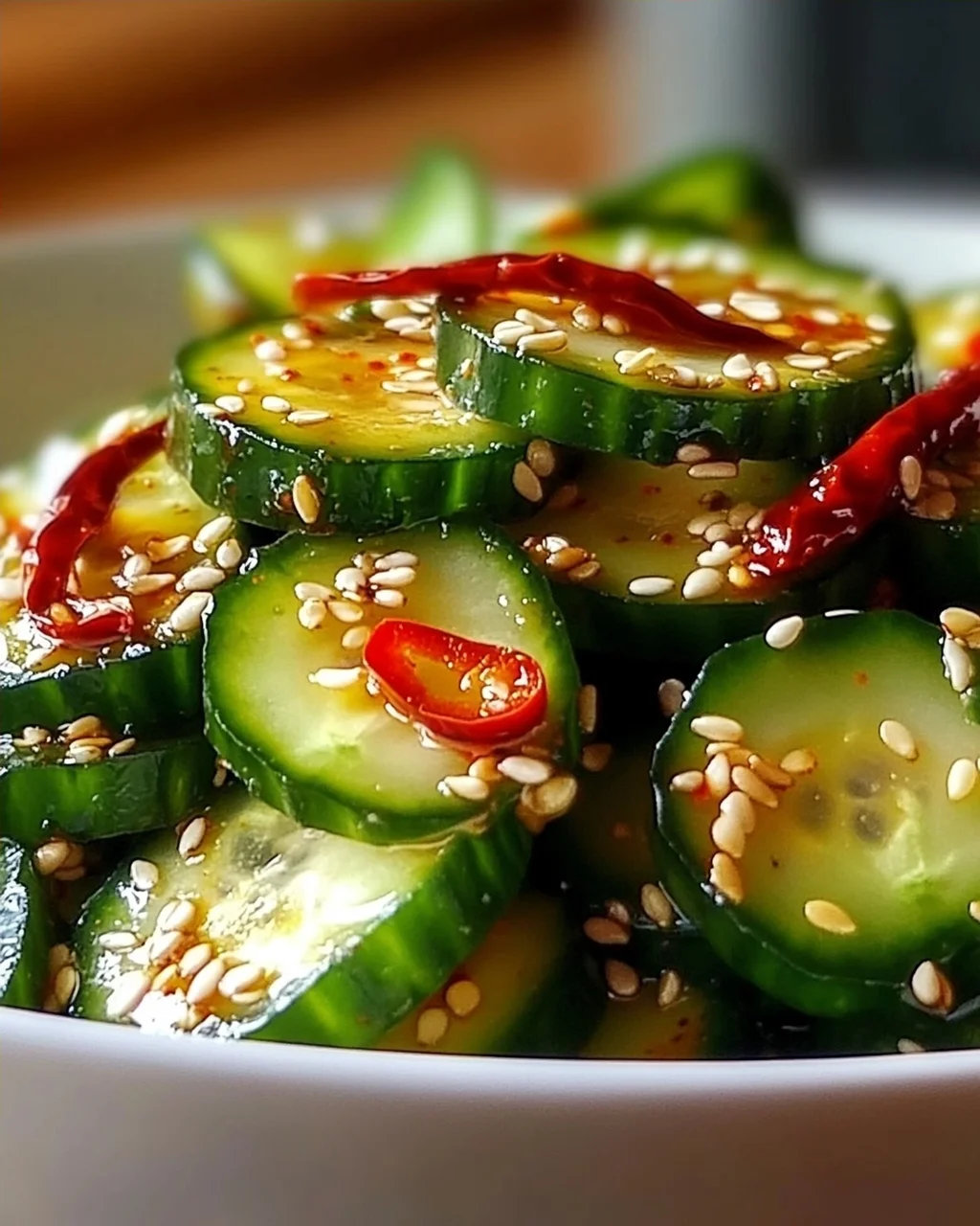Erfrischender Asiatischer Gurkensalat mit Chili und Sesam