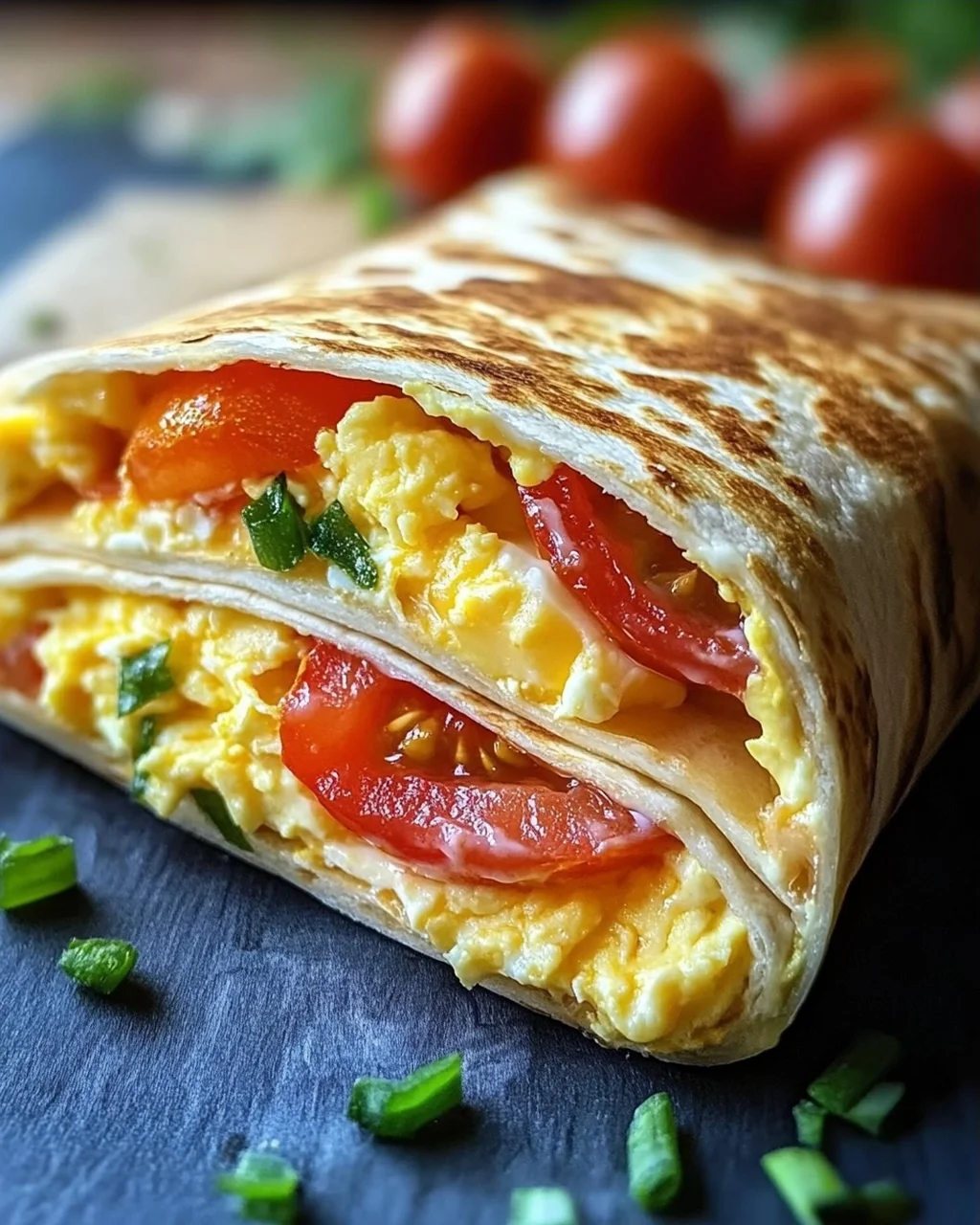 Frühstückswrap mit Ei, Käse und Tomaten