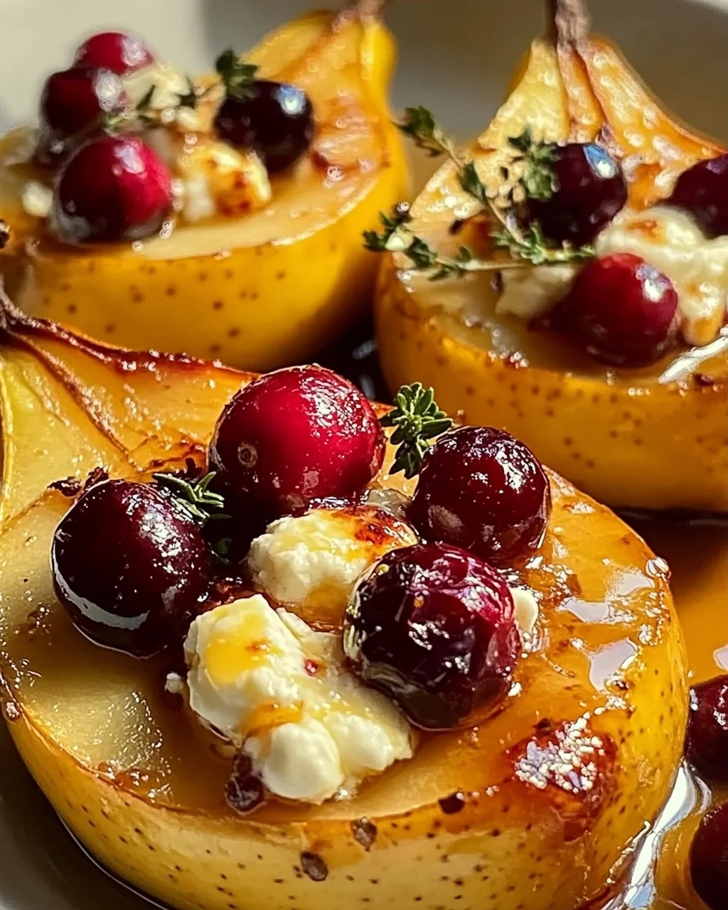 Gebackene Birnen mit Ziegenkäse, Honig & Preiselbeeren