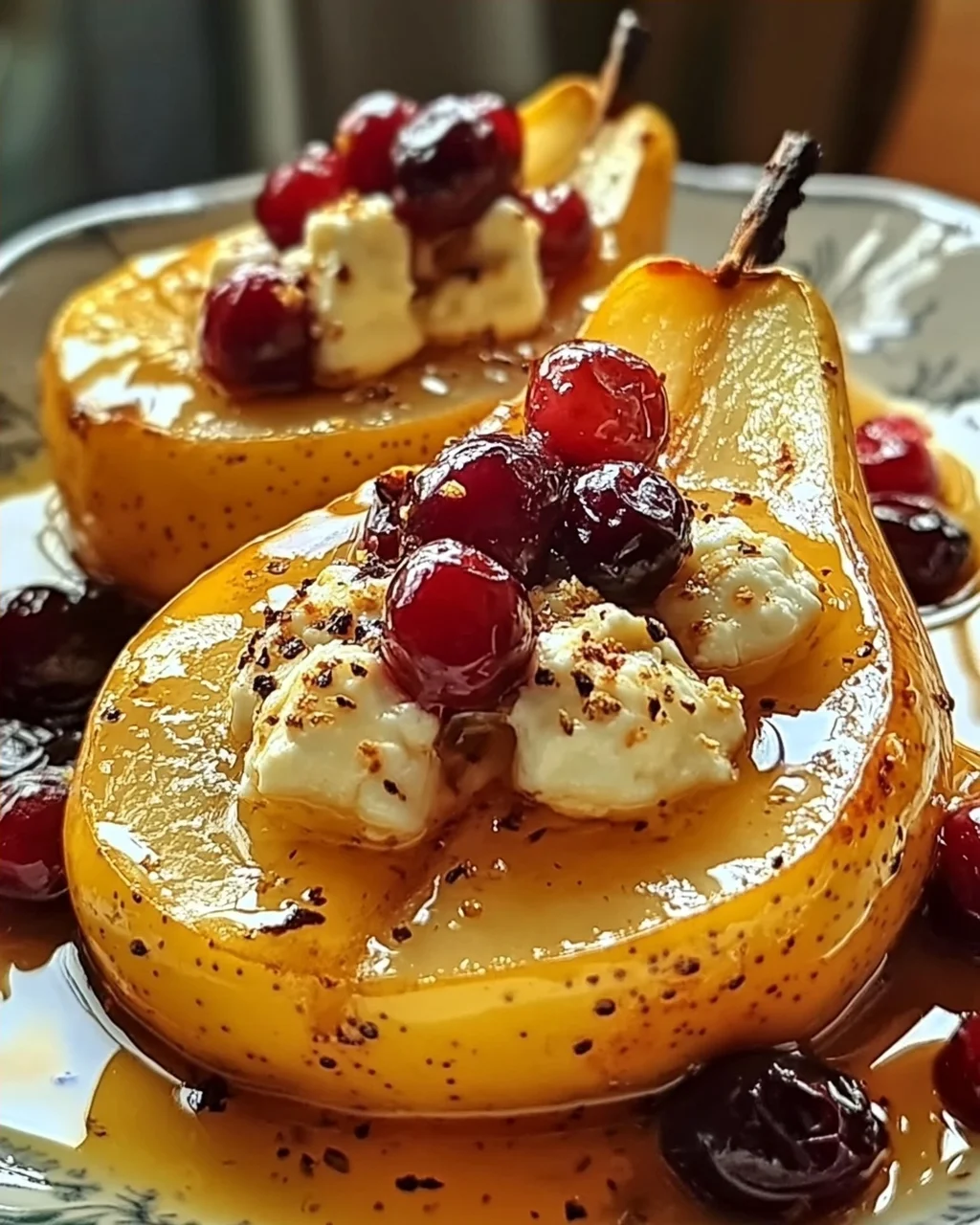 Gebackene Birnen mit Ziegenkäse, Honig & Preiselbeeren