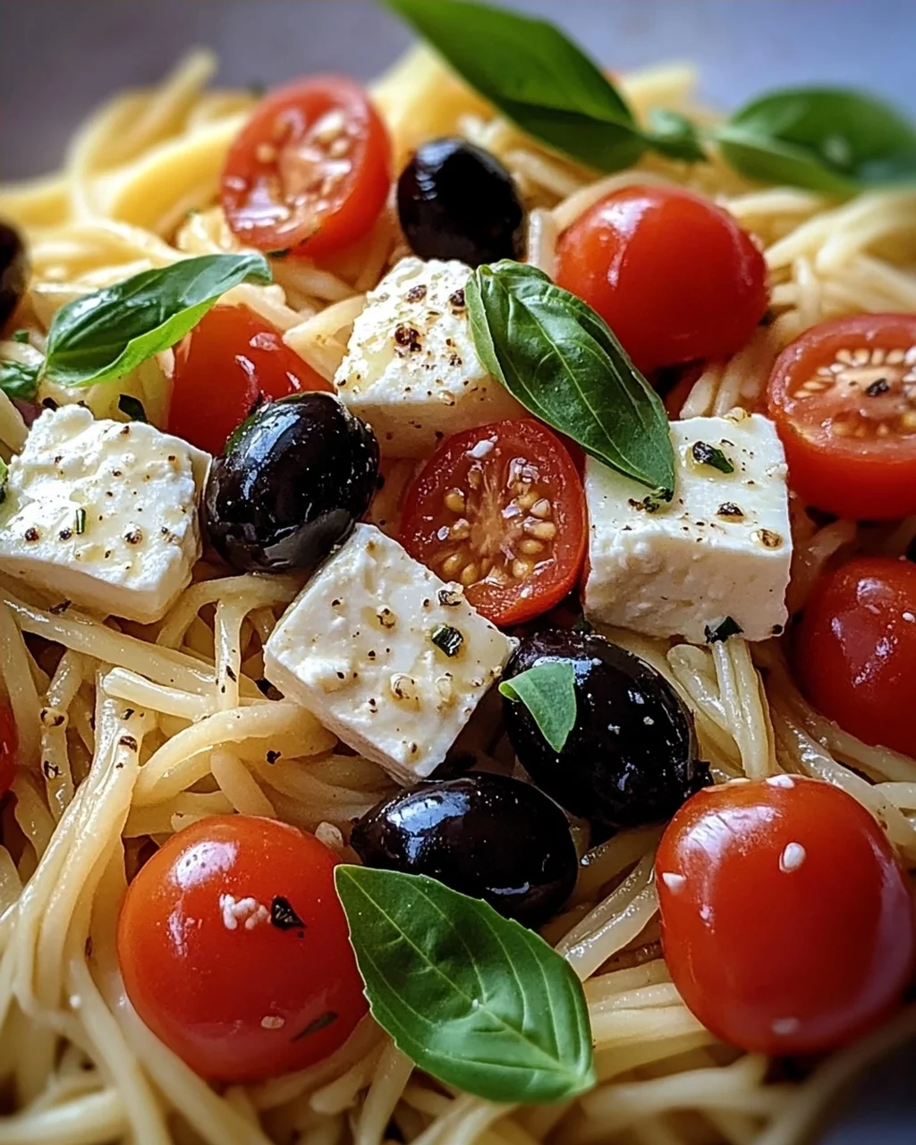 Griechische Reisnudeln mit Tomaten, Feta und Oliven