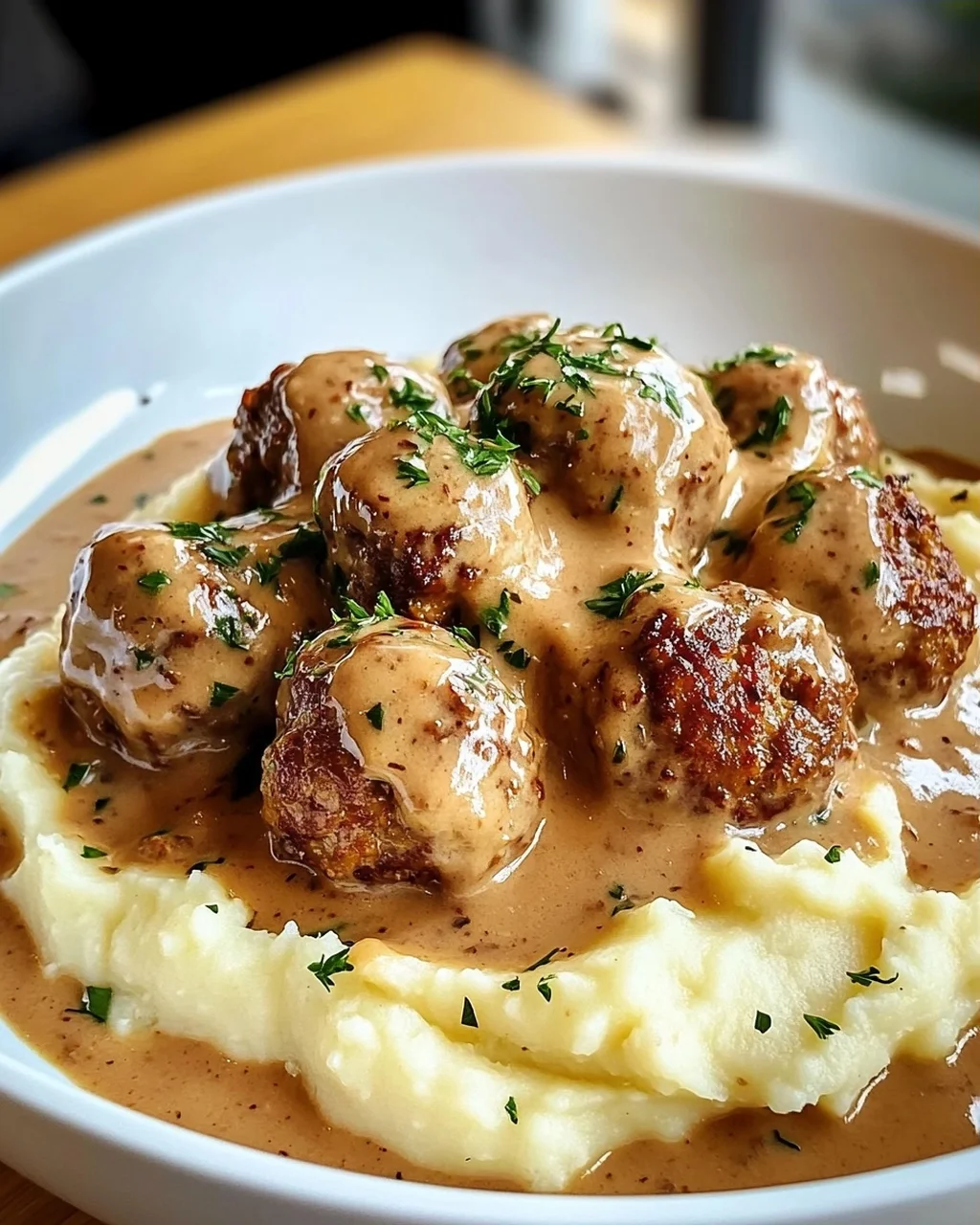 Hackbällchen in cremiger Sauce mit Kartoffelpüree