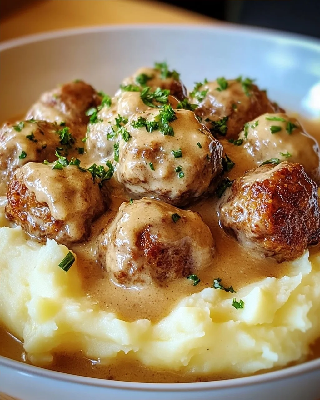 Hackbällchen in cremiger Sauce mit Kartoffelpüree