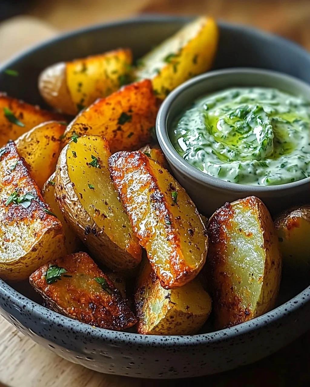 Kartoffelspalten mit Gurkendip