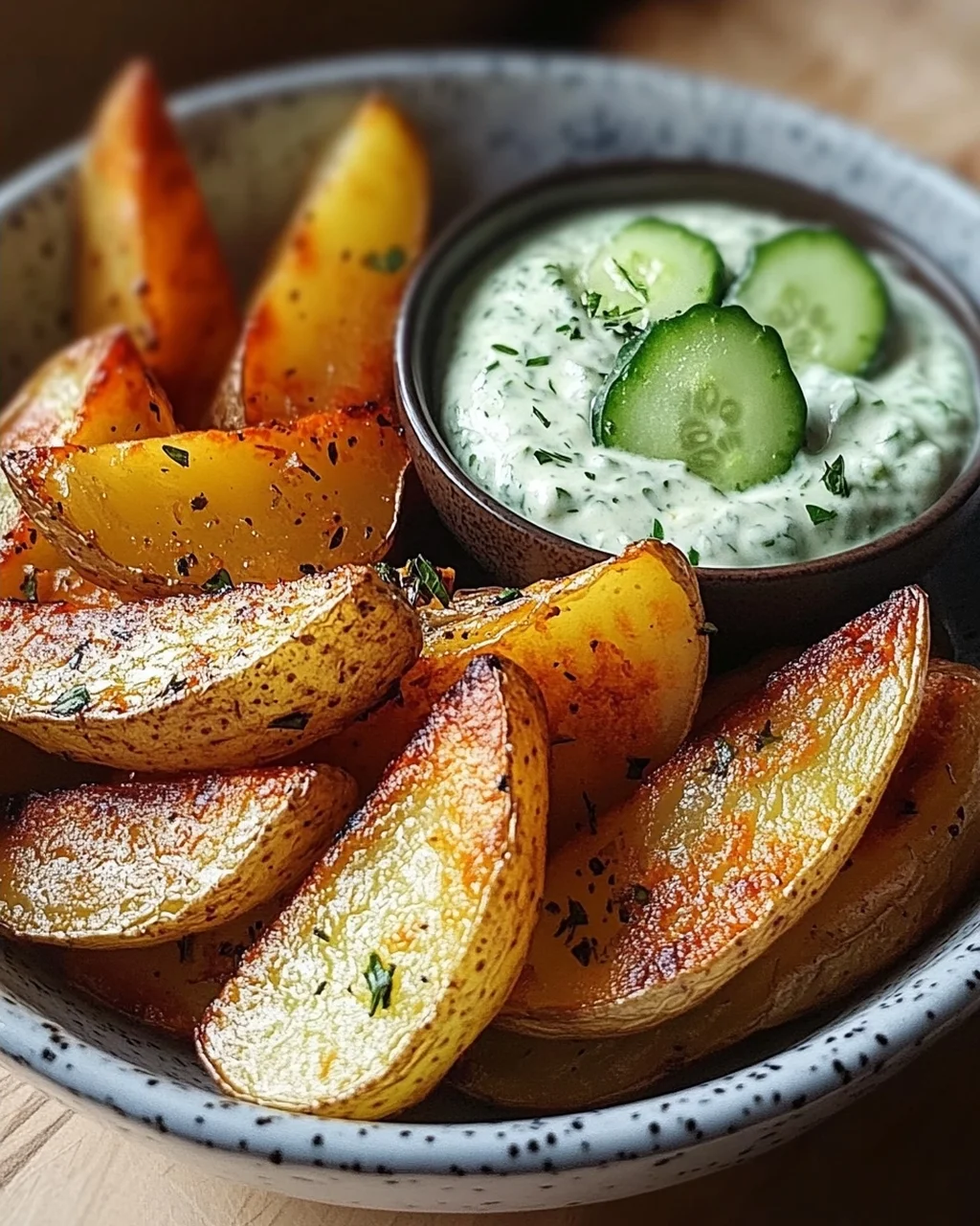 Kartoffelspalten mit Gurkendip