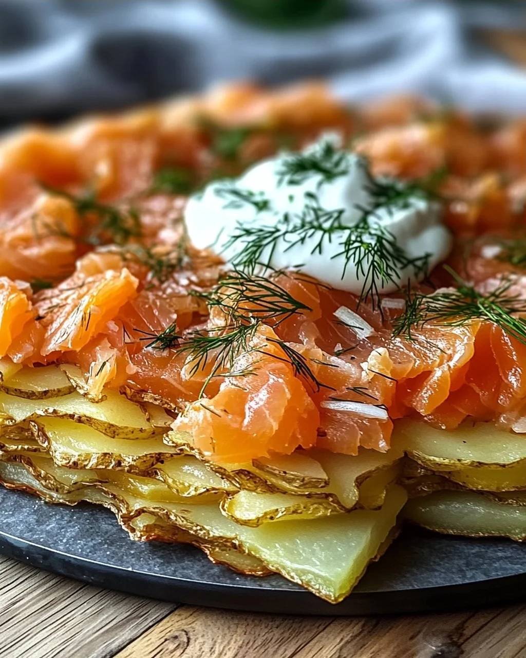 Knusprige Kartoffelgalette mit Räucherlachs und Crème Fraîche