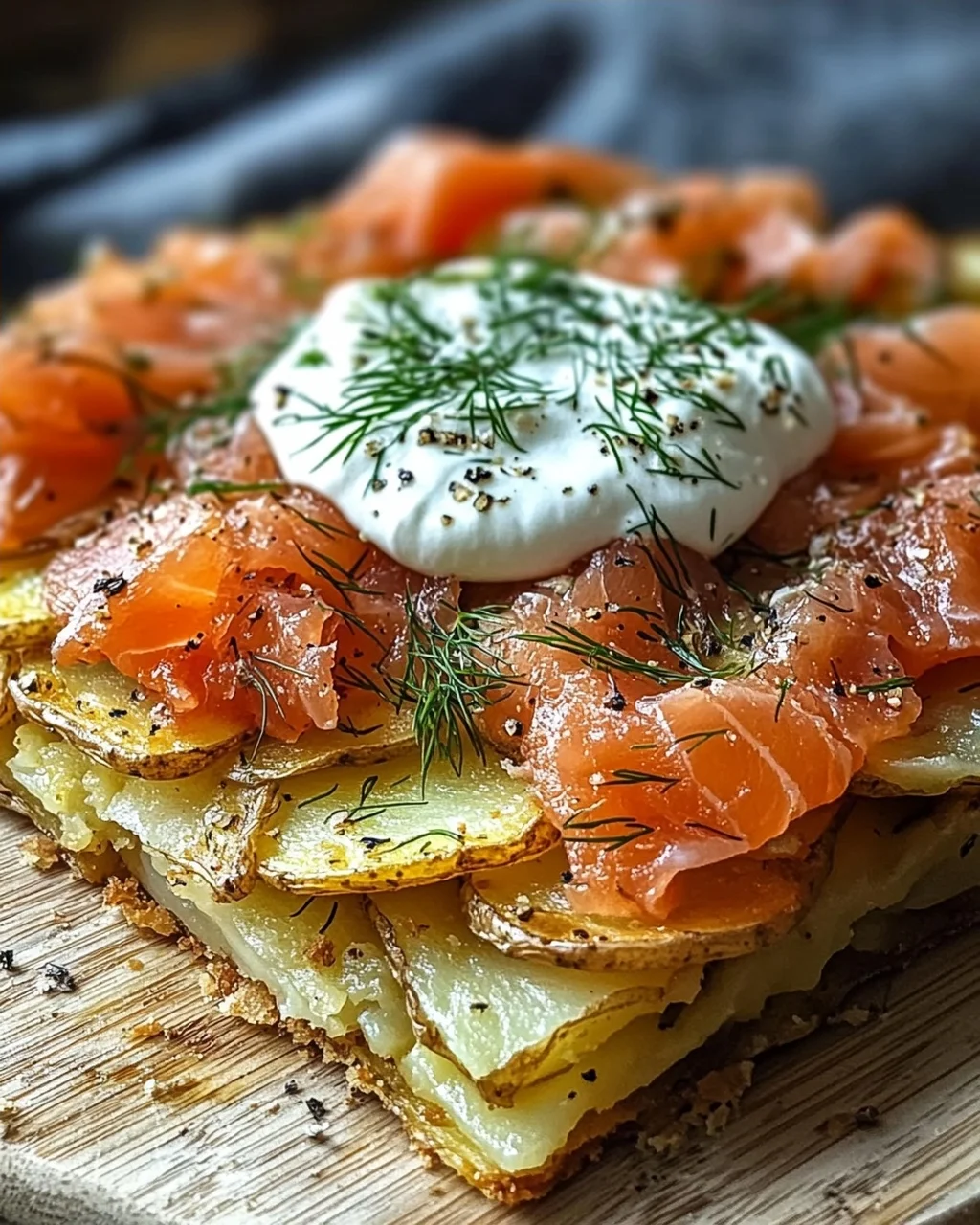 Knusprige Kartoffelgalette mit Räucherlachs und Crème Fraîche