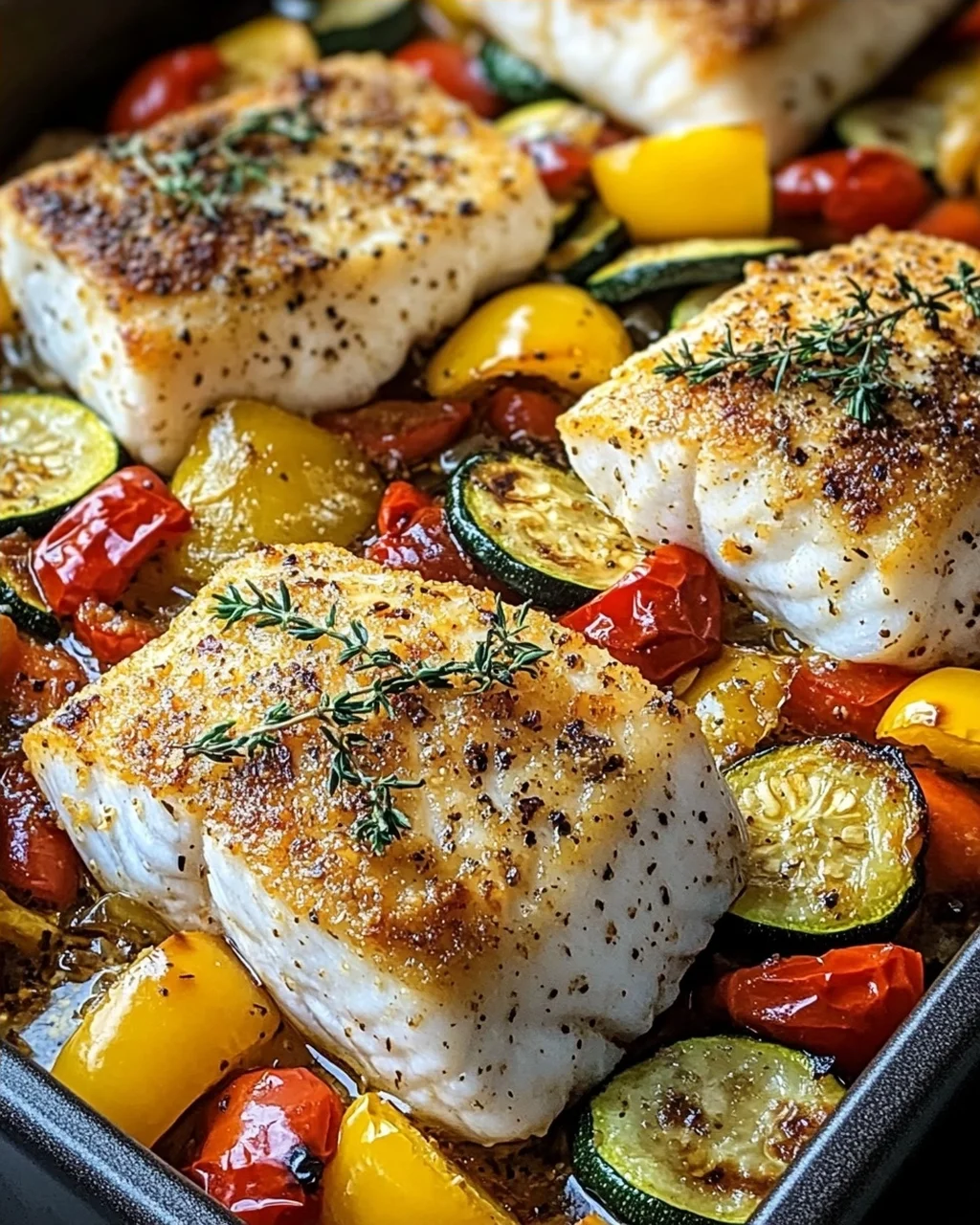 Rezept für mediterran gebackene Fischfilets mit Gemüse