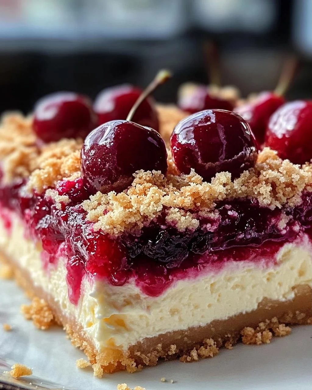 Saftiger Käsekuchen mit Kirschen und Streuseln