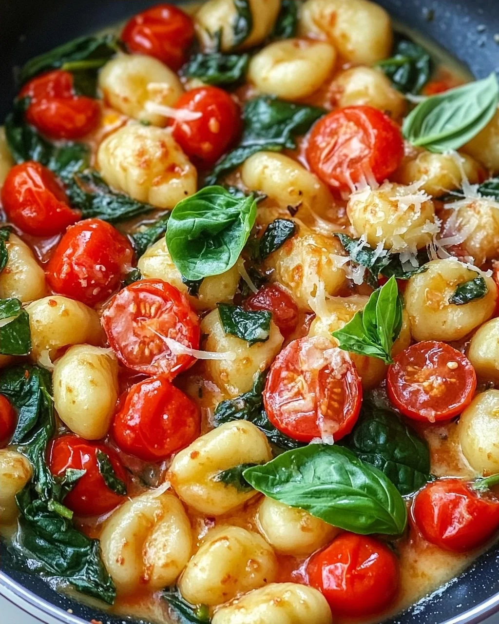 Schnelle Gnocchi Pfanne mit Tomate und Spinat