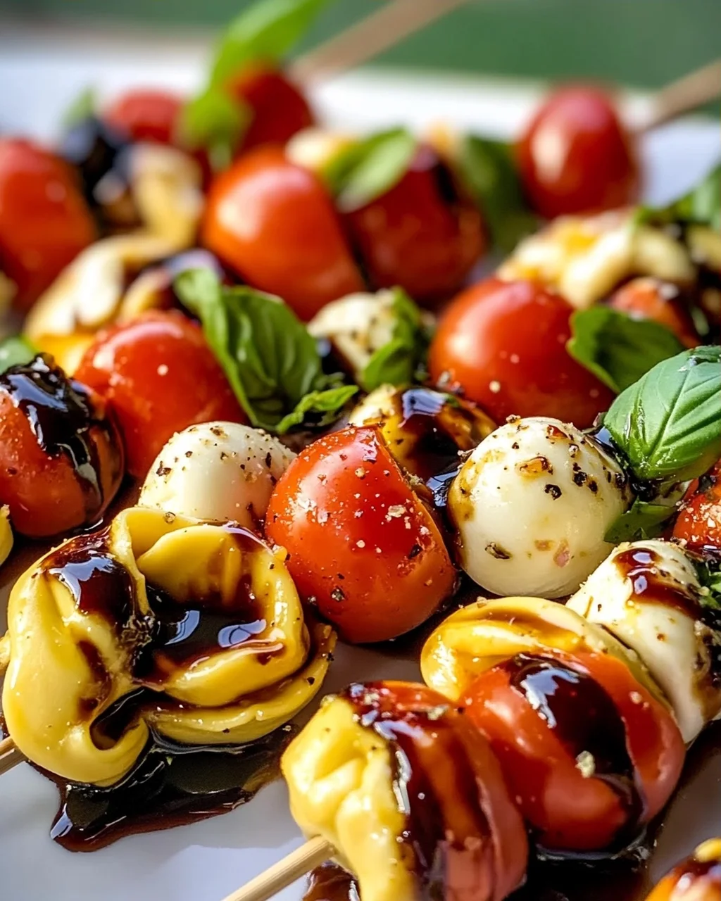 Sommerliche Caprese Tortellini Spieße mit Balsamico-Glasur