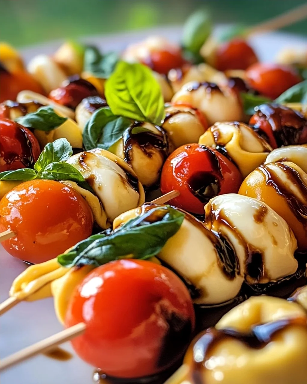 Sommerliche Caprese Tortellini Spieße mit Balsamico-Glasur