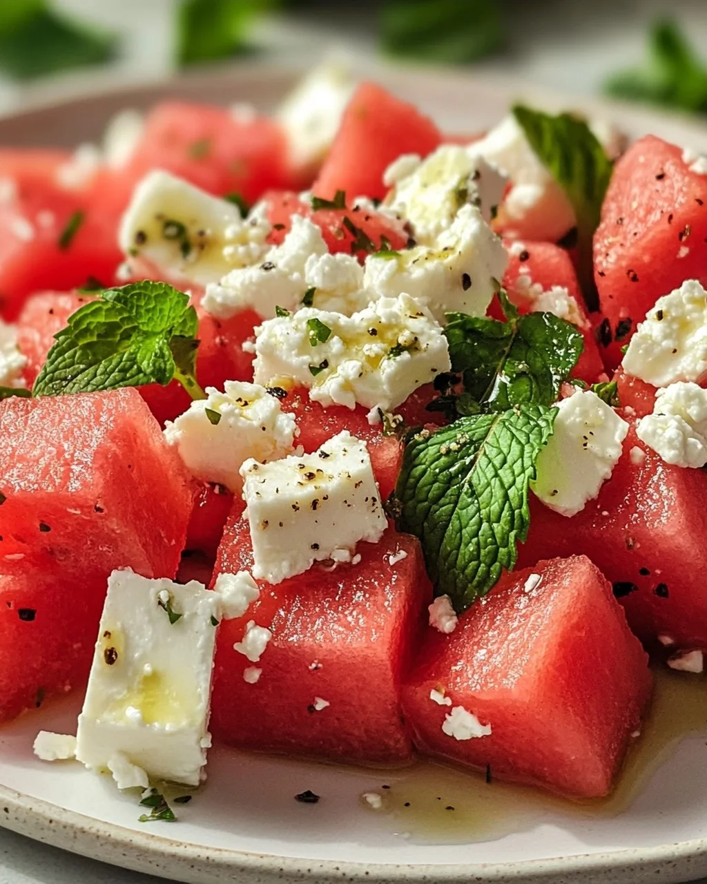 Sommerlicher Wassermelonen Feta Salat mit Minze Rezept