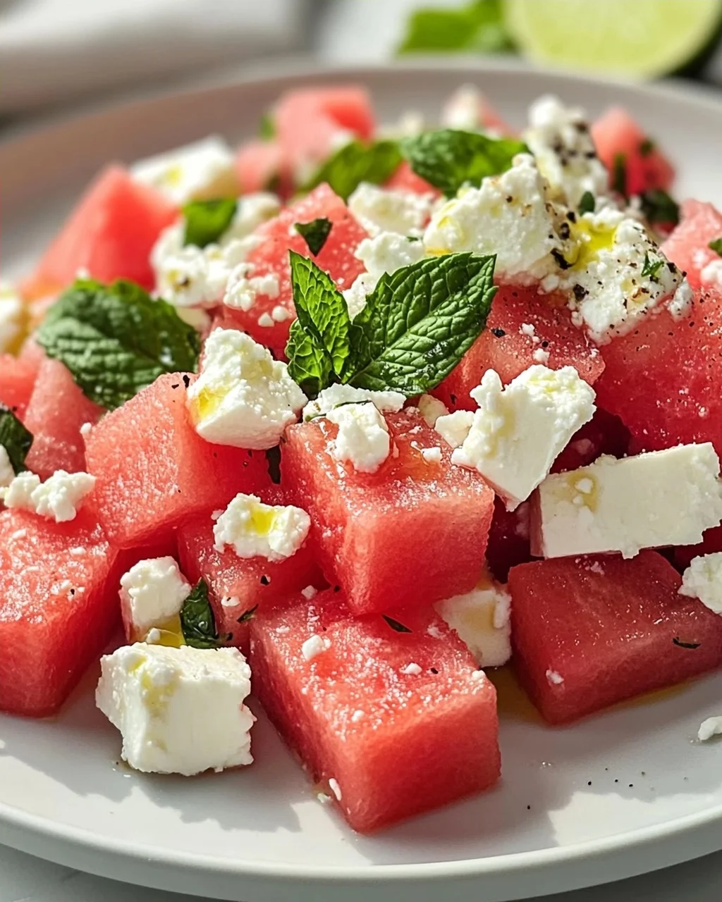 Sommerlicher Wassermelonen Feta Salat mit Minze Rezept
