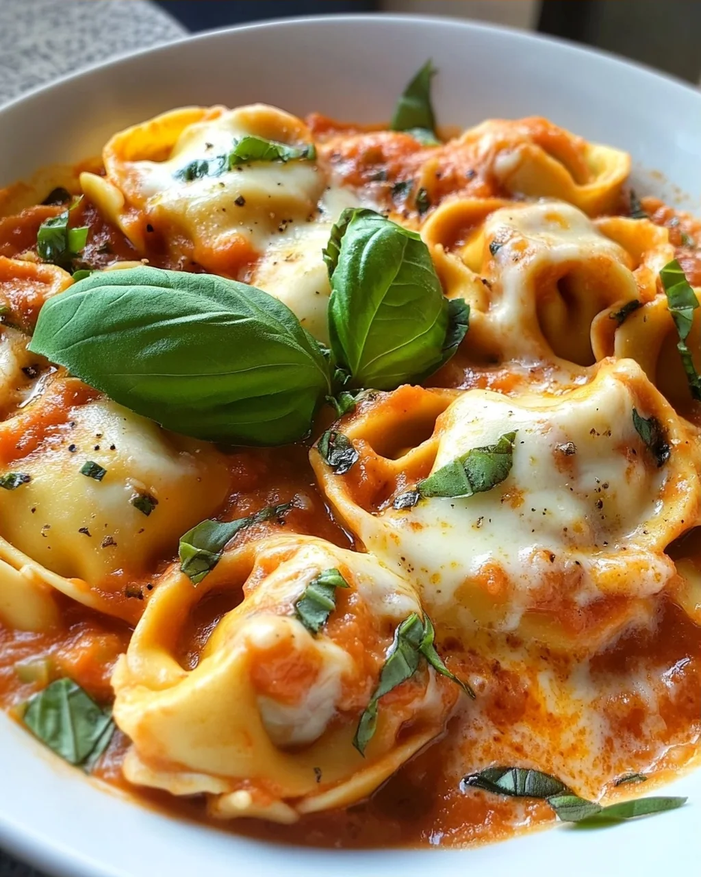 Tortellini mit Tomaten-Sahnesoße, Käse und Basilikum