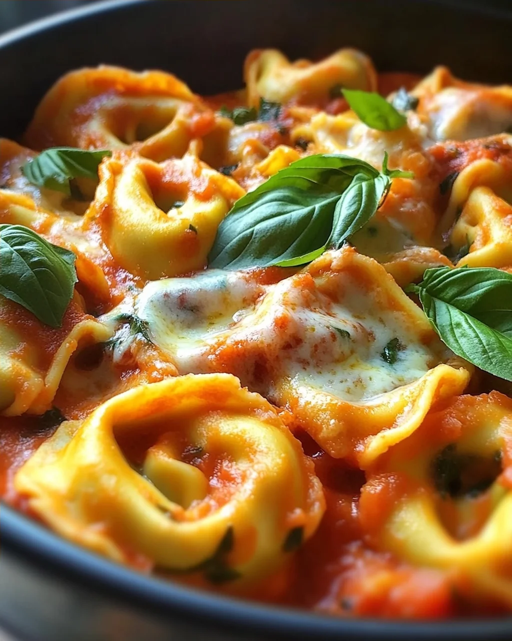 Tortellini mit Tomaten-Sahnesoße, Käse und Basilikum