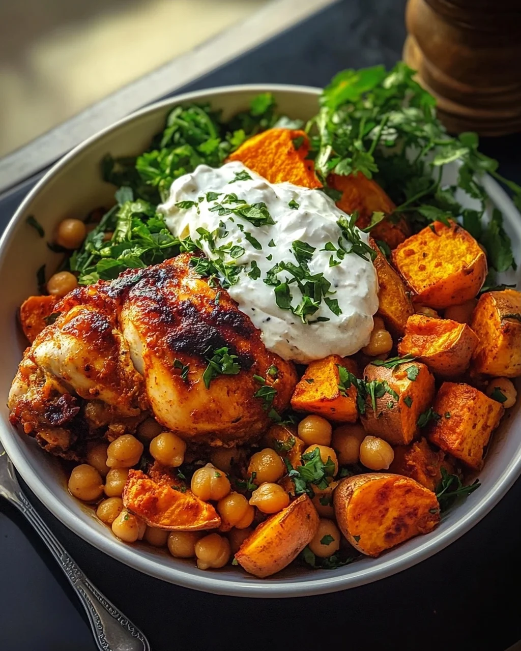 Würziges Ofen-Harissa Hähnchen mit Süßkartoffel, Kichererbsen und Knoblauchjoghurt