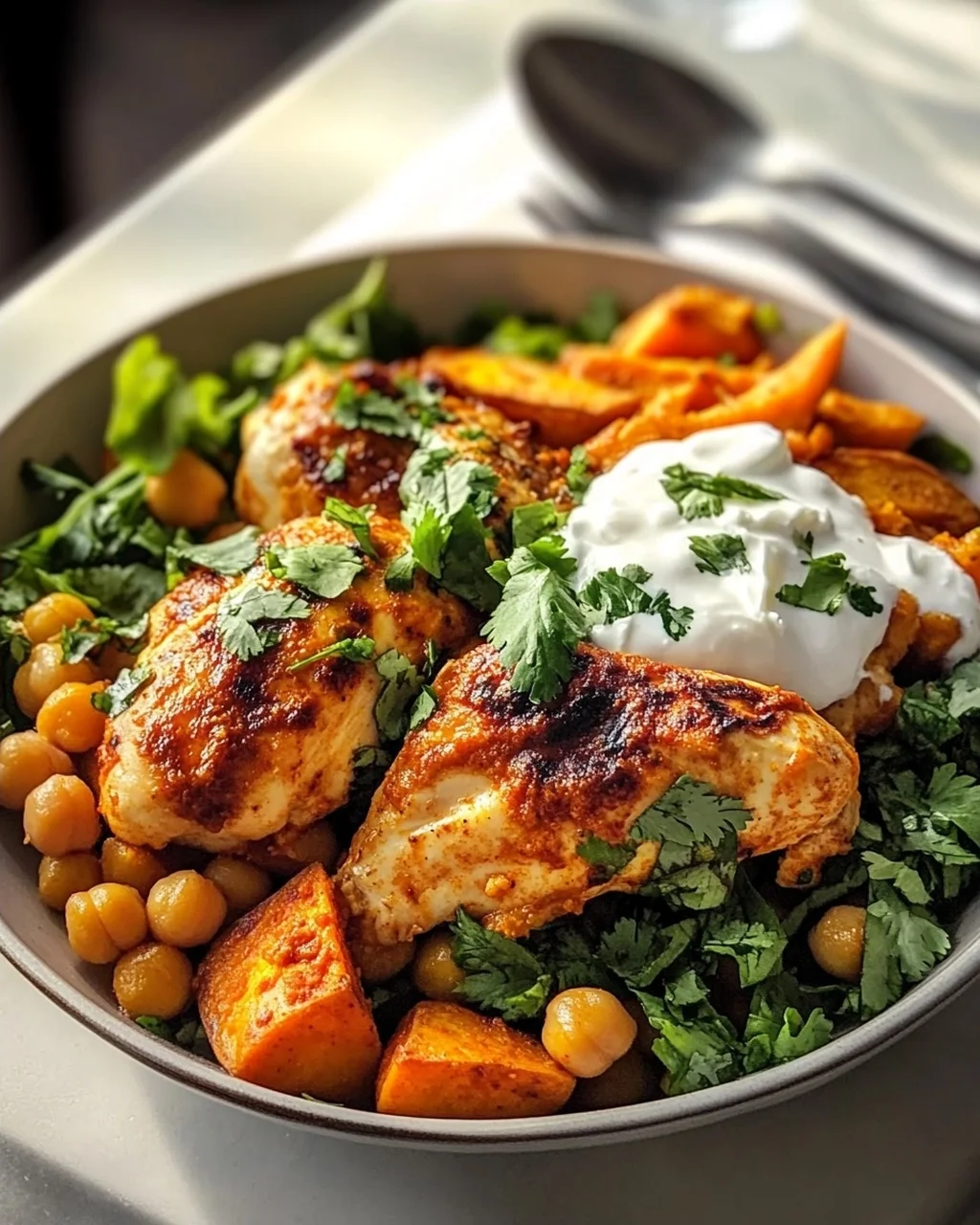 Würziges Ofen-Harissa Hähnchen mit Süßkartoffel, Kichererbsen und Knoblauchjoghurt